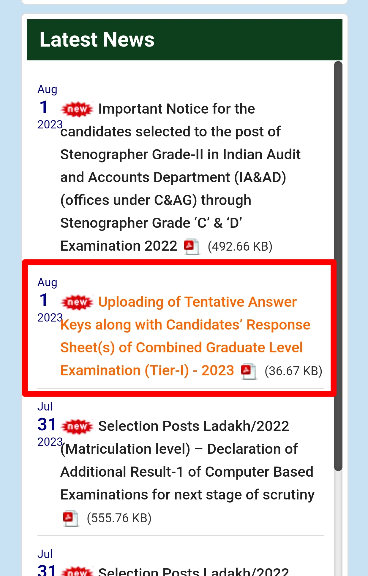 Uploading of Tentative Answer Keys along with Candidates’ Response Sheet(s) of Combined Graduate Level Examination (Tier-I) - 2023 