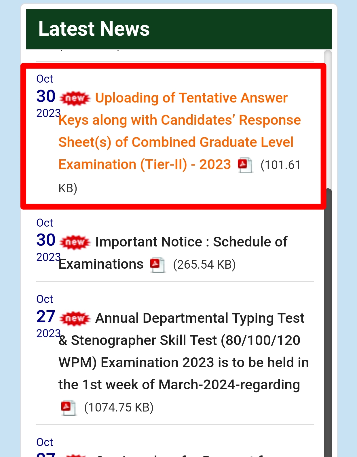 Uploading of Tentative Answer Keys along with Candidates’ Response Sheet(s) of Combined Graduate Level Examination (Tier-II) - 2023