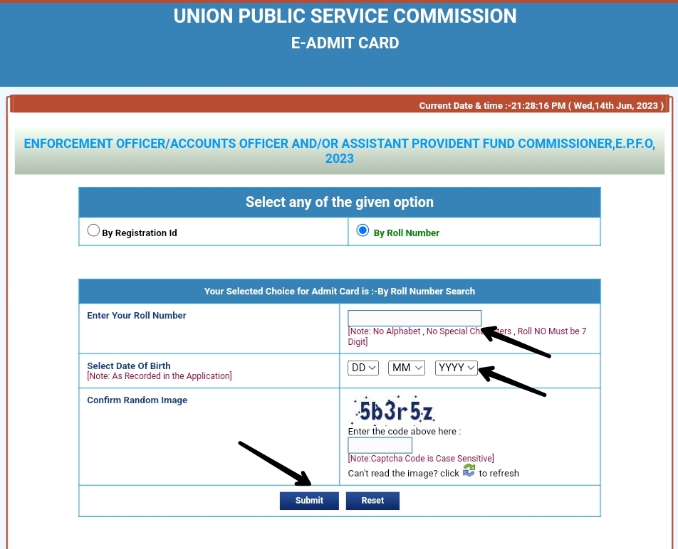 UPSC EPFO Admit Card download Page