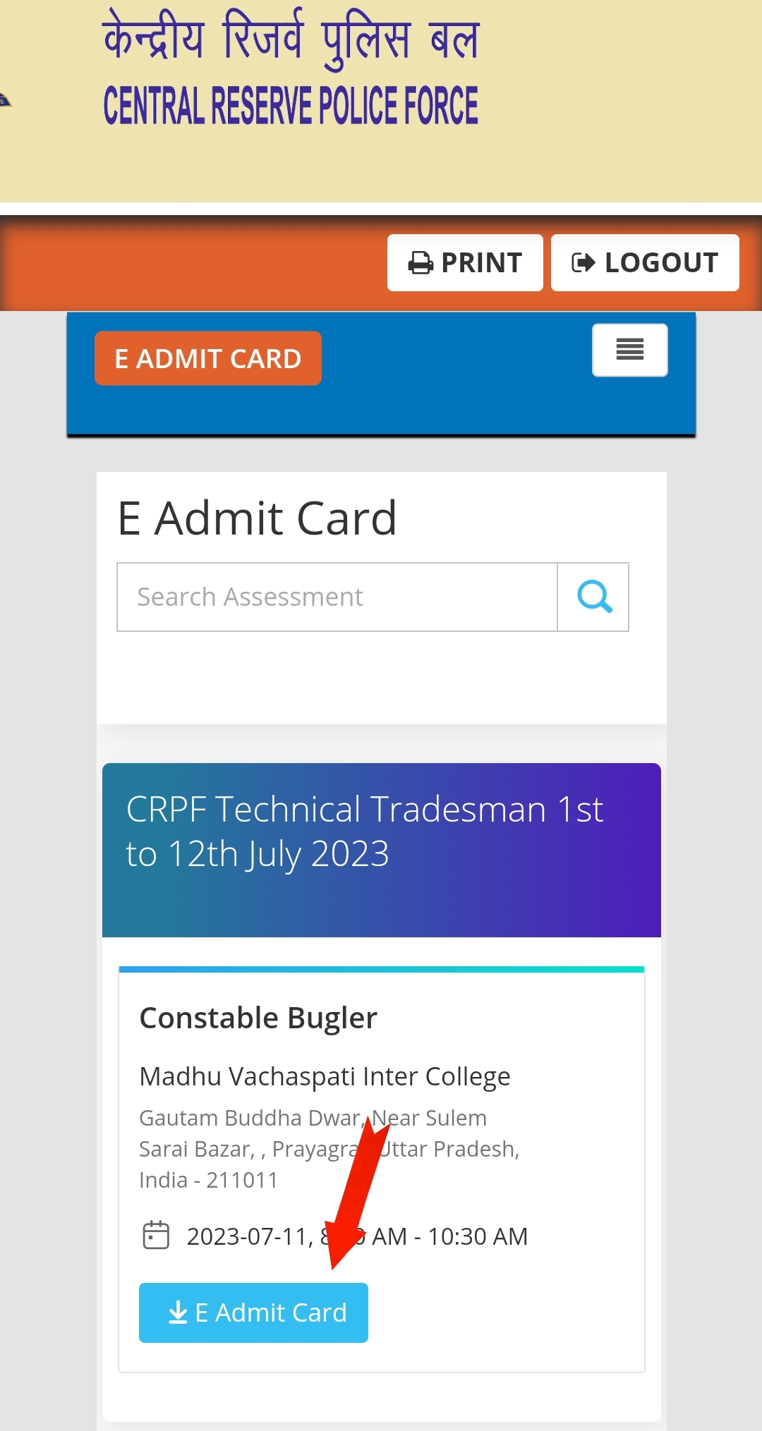 CRPF Tradesman Admit Card