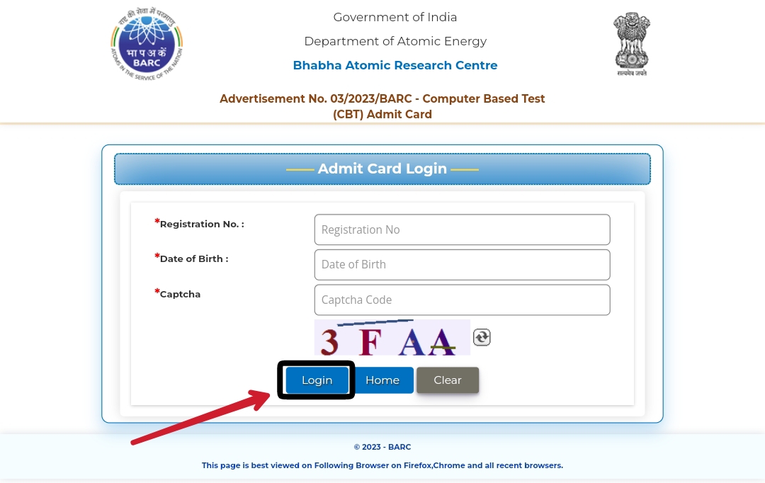 BARC Various Post Admit Card download page