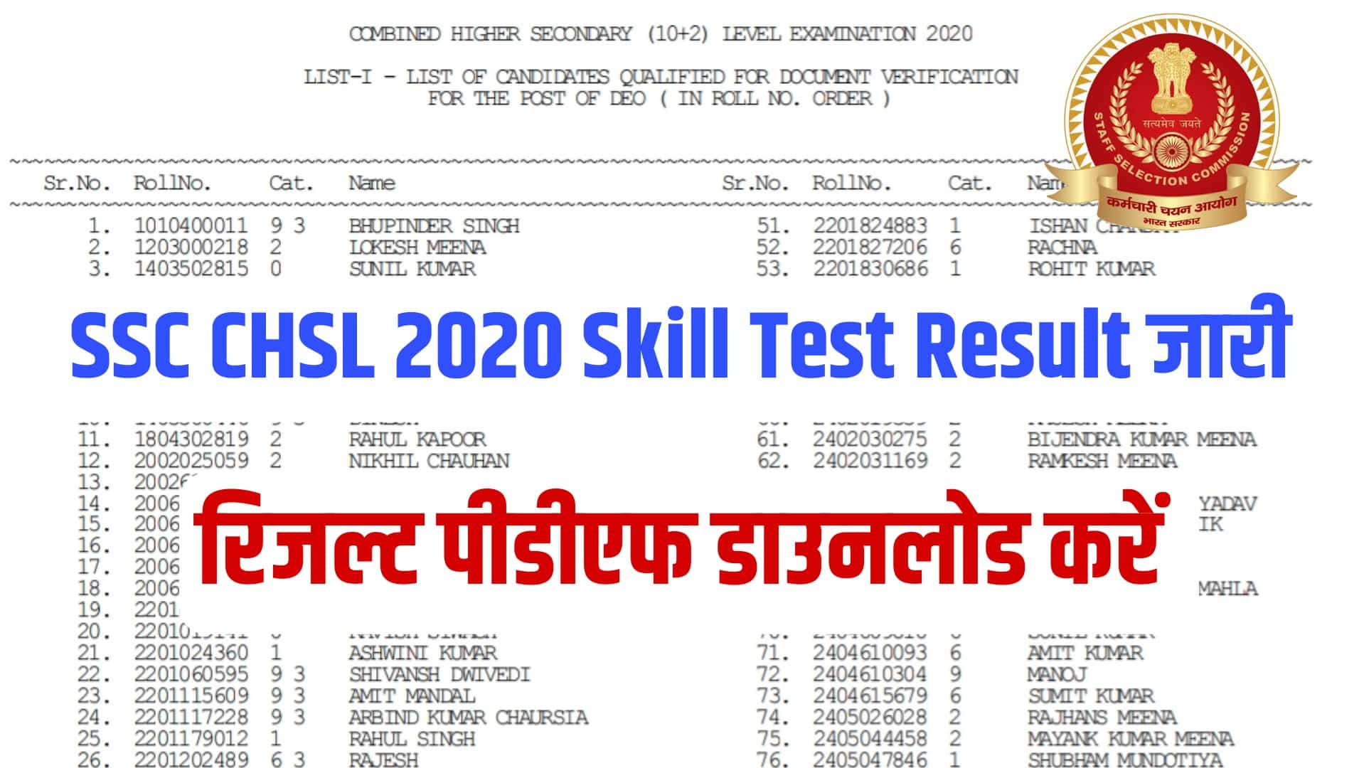 SSC CHSL 2020 Skill Test Result | एसएससी सिएचएसएल स्किल टेस्ट रिजल्ट जारी