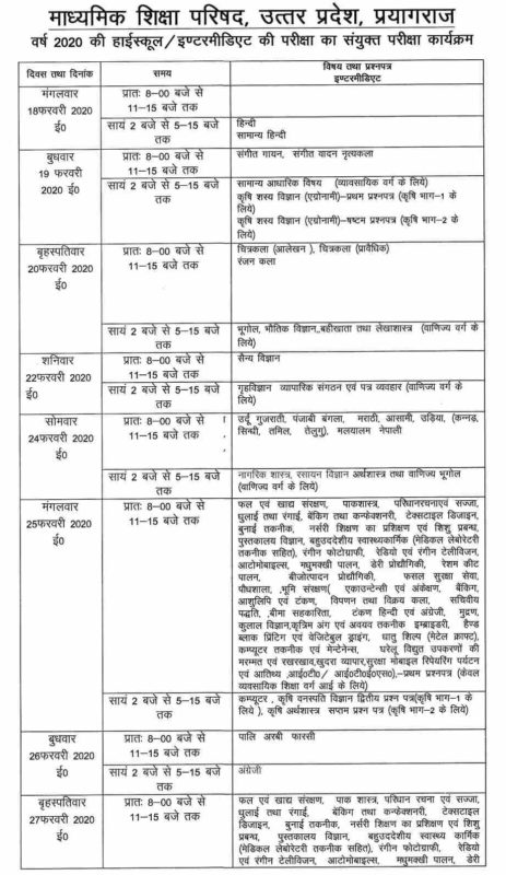 UP Board Class 12 Time Table 2020