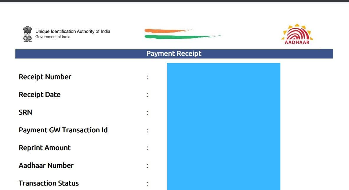 PVC Aadhar Card Payment Receipt
